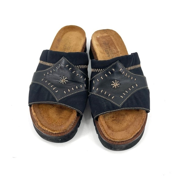 NAOT Two Tone Black Contrast Stitch Lugged Sole Leather Slide Sandals - Picture 3 of 5